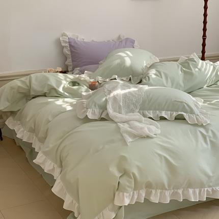 荷叶边全棉水洗棉四件套奶油纯色韩系公主风被套ins网红
