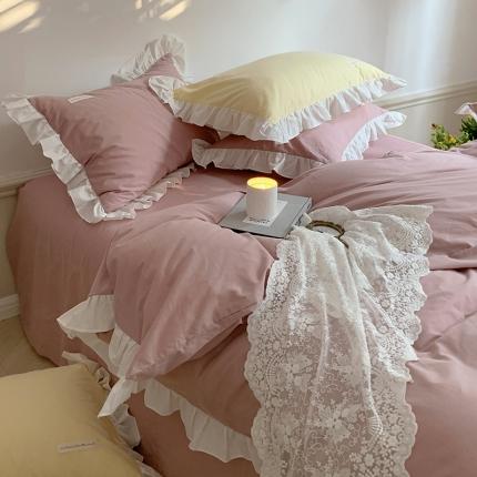 荷叶边全棉水洗棉四件套奶油纯色韩系公主风被套ins网红