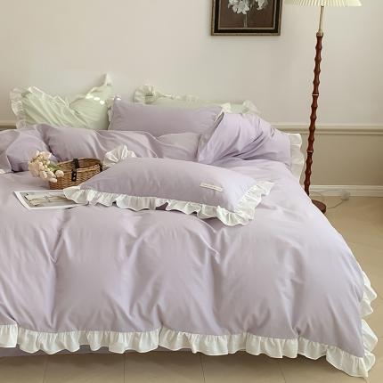 荷叶边全棉水洗棉四件套奶油纯色韩系公主风被套ins网红