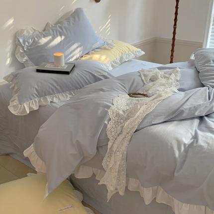 荷叶边全棉水洗棉四件套奶油纯色韩系公主风被套ins网红