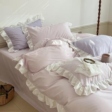 荷叶边全棉水洗棉四件套奶油纯色韩系公主风被套ins网红