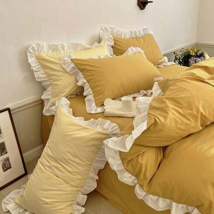 荷叶边全棉水洗棉四件套奶油纯色韩系公主风被套ins网红