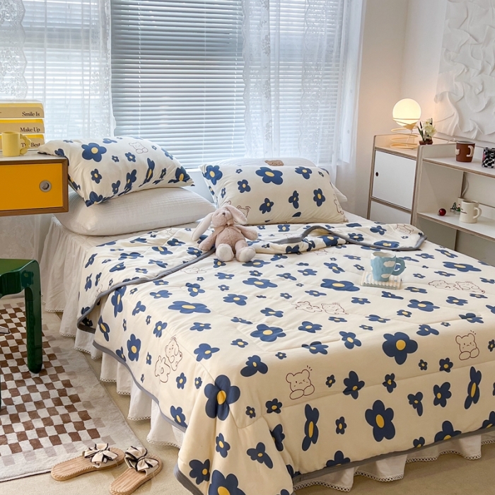 91家纺网 家纺一手货源 找家纺 昔可 2022新款包边牛奶丝针织夏被 蓝花熊