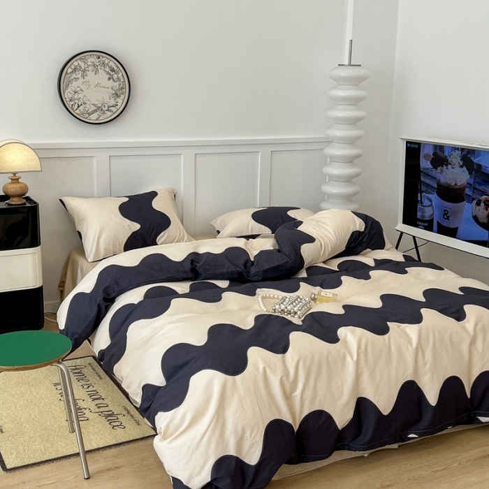 91家纺网 家纺一手货源 找家纺 昔可 2022新款全棉简约波纹系列四件套 黑波纹