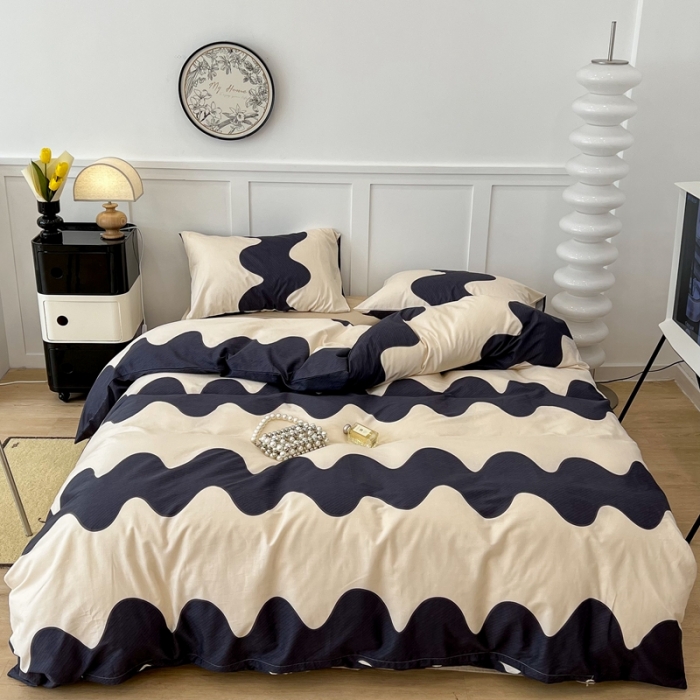 91家纺网 家纺一手货源 找家纺 昔可 2022新款全棉简约波纹系列四件套 黑波纹