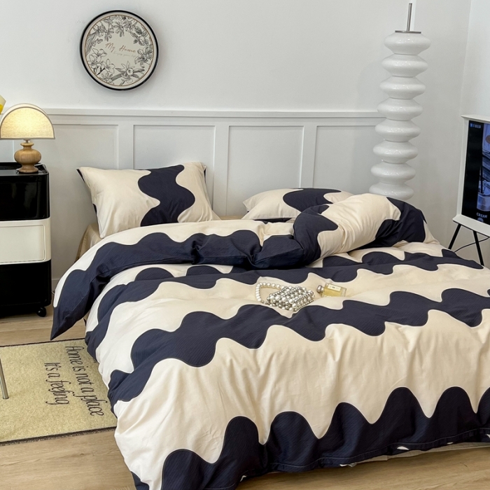 91家纺网 家纺一手货源 找家纺 昔可 2022新款全棉简约波纹系列四件套 黑波纹