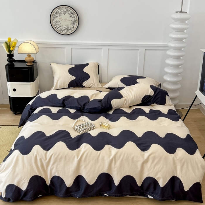 91家纺网 家纺一手货源 找家纺 昔可 2022新款全棉简约波纹系列四件套 黑波纹