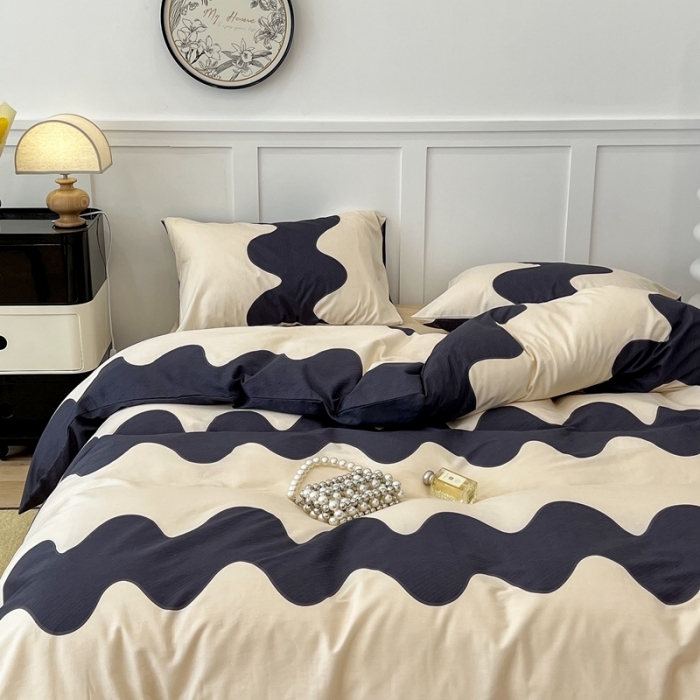 91家纺网 家纺一手货源 找家纺 昔可 2022新款全棉简约波纹系列四件套 黑波纹