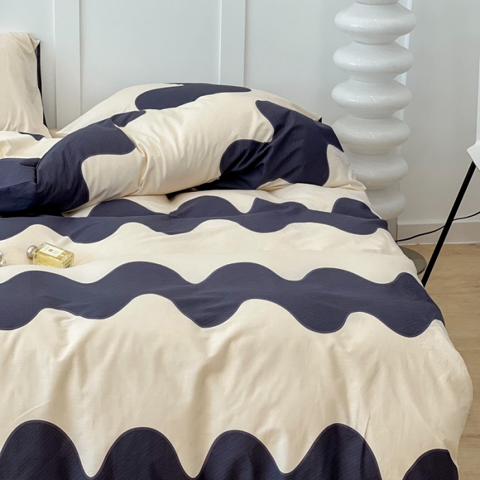 91家纺网 家纺一手货源 找家纺 昔可 2022新款全棉简约波纹系列四件套 黑波纹