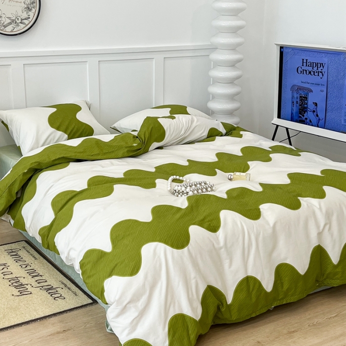 91家纺网 家纺一手货源 找家纺 昔可 2022新款全棉简约波纹系列四件套 绿波纹