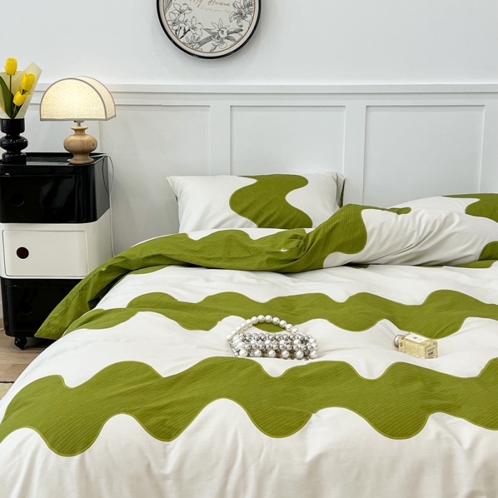 91家纺网 家纺一手货源 找家纺 昔可 2022新款全棉简约波纹系列四件套 绿波纹