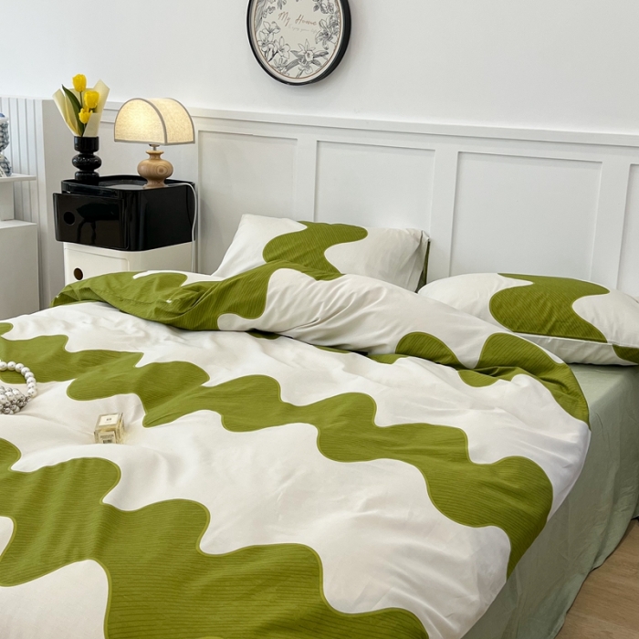 91家纺网 家纺一手货源 找家纺 昔可 2022新款全棉简约波纹系列四件套 绿波纹