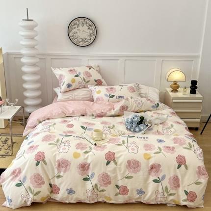 91家纺网 家纺一手货源 找家纺 昔可 2022新款全棉梦幻花园系列印花四件套 粉蔷薇兔