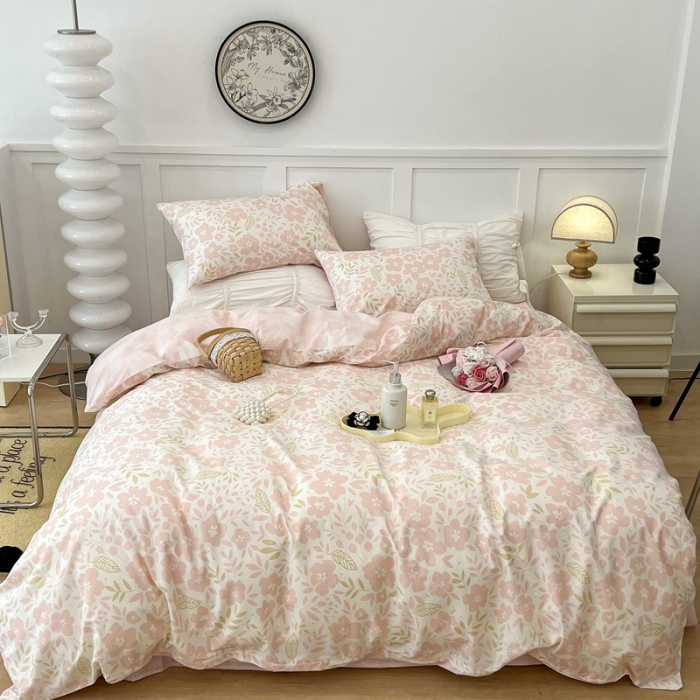 91家纺网 家纺一手货源 找家纺 昔可 2022新款全棉梦幻花园系列印花四件套 春日小粉花