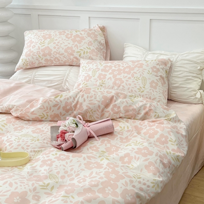 91家纺网 家纺一手货源 找家纺 昔可 2022新款全棉梦幻花园系列印花四件套 春日小粉花