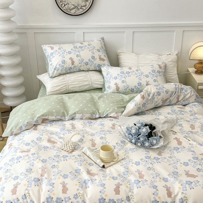 91家纺网 家纺一手货源 找家纺 昔可 2022新款全棉梦幻花园系列印花四件套 朵拉兔