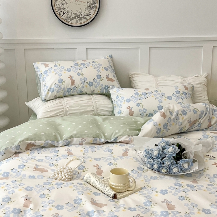 91家纺网 家纺一手货源 找家纺 昔可 2022新款全棉梦幻花园系列印花四件套 朵拉兔