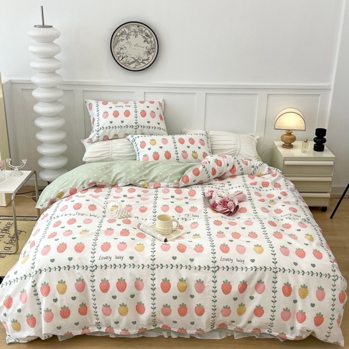 91家纺网 家纺一手货源 找家纺 昔可 2022新款全棉梦幻花园系列印花四件套 恋夏草莓