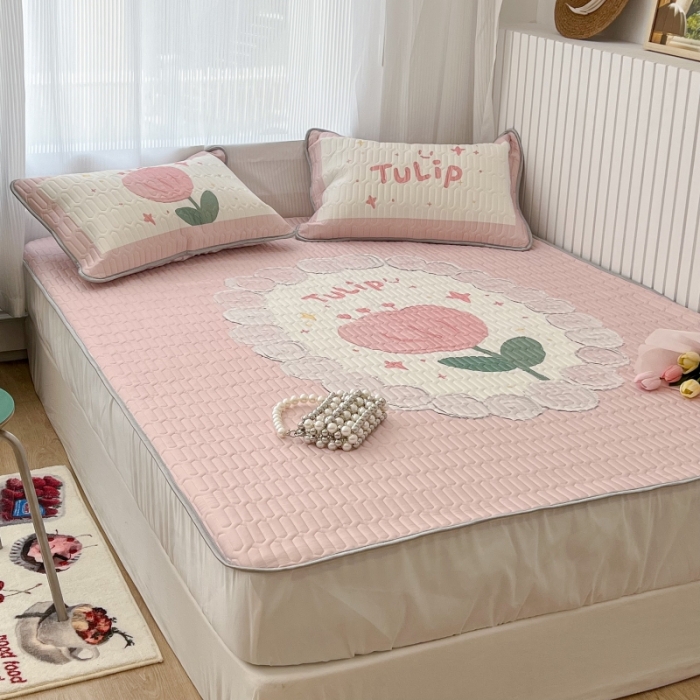 91家纺网 家纺一手货源 找家纺 昔可 2022新款ins风小清新床笠款乳胶凉席三件套 床笠款-粉圈郁金香