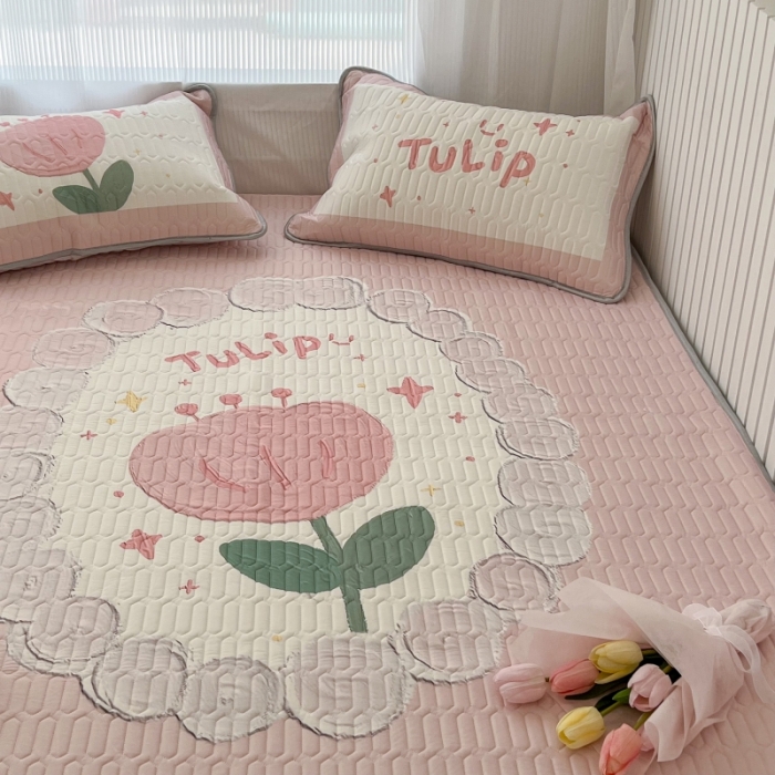 91家纺网 家纺一手货源 找家纺 昔可 2022新款ins风小清新床笠款乳胶凉席三件套 床笠款-粉圈郁金香