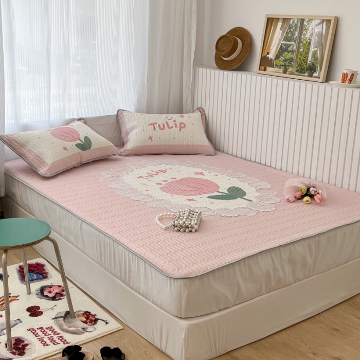 91家纺网 家纺一手货源 找家纺 昔可 2022新款ins风小清新床笠款乳胶凉席三件套 床笠款-粉圈郁金香