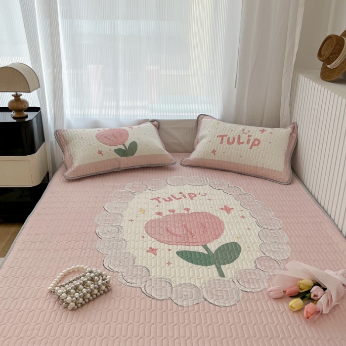 91家纺网 家纺一手货源 找家纺 昔可 2022新款ins风小清新床笠款乳胶凉席三件套 床笠款-粉圈郁金香
