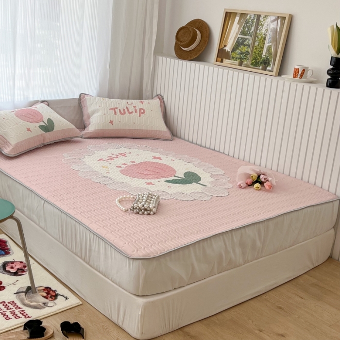 91家纺网 家纺一手货源 找家纺 昔可 2022新款ins风小清新床笠款乳胶凉席三件套 床笠款-粉圈郁金香