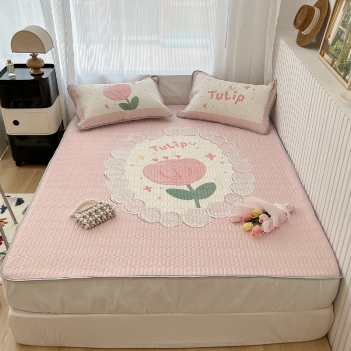 91家纺网 家纺一手货源 找家纺 昔可 2022新款ins风小清新床笠款乳胶凉席三件套 床笠款-粉圈郁金香