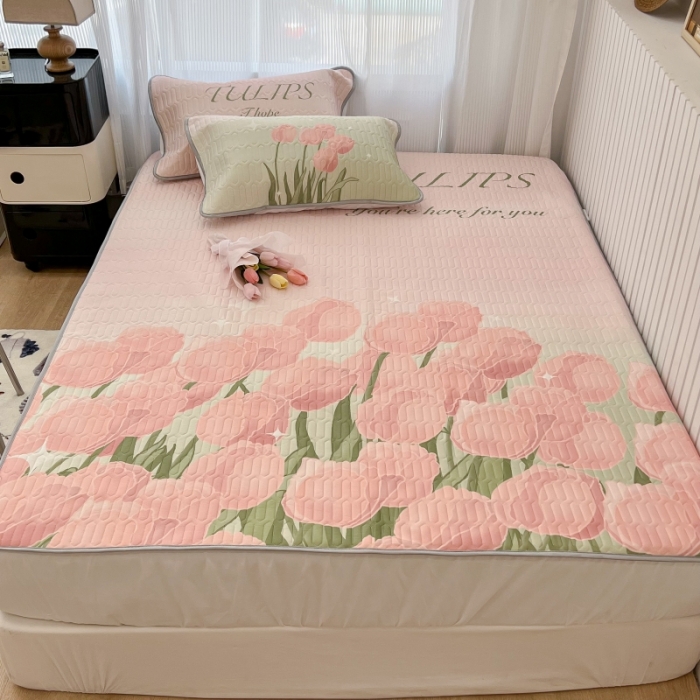 91家纺网 家纺一手货源 找家纺 昔可 2022新款ins风小清新床笠款乳胶凉席三件套 床笠款-粉色仙本娜