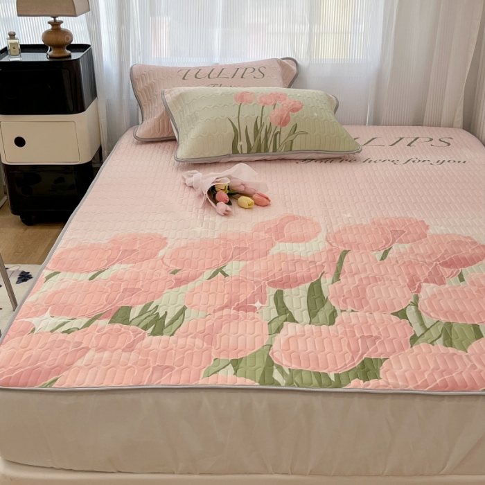 91家纺网 家纺一手货源 找家纺 昔可 2022新款ins风小清新床笠款乳胶凉席三件套 床笠款-粉色仙本娜