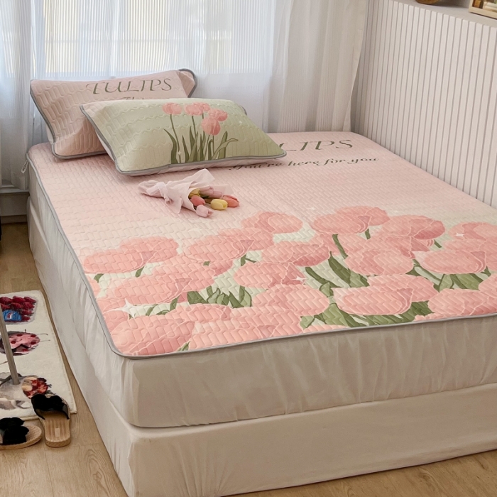 91家纺网 家纺一手货源 找家纺 昔可 2022新款ins风小清新床笠款乳胶凉席三件套 床笠款-粉色仙本娜