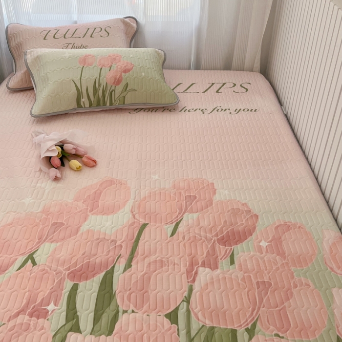 91家纺网 家纺一手货源 找家纺 昔可 2022新款ins风小清新床笠款乳胶凉席三件套 床笠款-粉色仙本娜