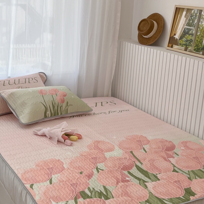 91家纺网 家纺一手货源 找家纺 昔可 2022新款ins风小清新床笠款乳胶凉席三件套 床笠款-粉色仙本娜