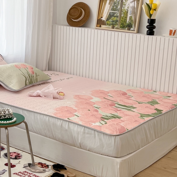 91家纺网 家纺一手货源 找家纺 昔可 2022新款ins风小清新床笠款乳胶凉席三件套 床笠款-粉色仙本娜