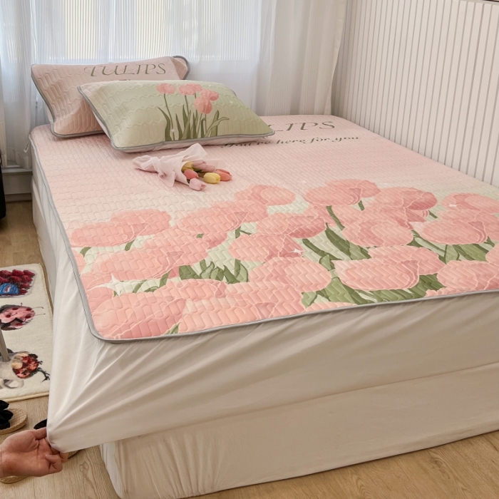 91家纺网 家纺一手货源 找家纺 昔可 2022新款ins风小清新床笠款乳胶凉席三件套 床笠款-粉色仙本娜