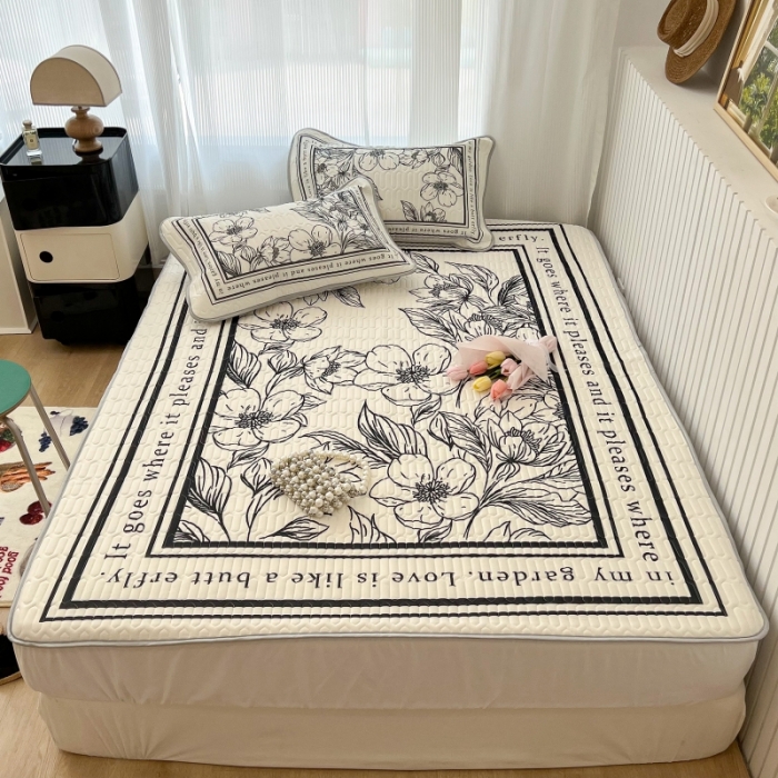 91家纺网 家纺一手货源 找家纺 昔可 2022新款ins风小清新床笠款乳胶凉席三件套 床笠款-后花园