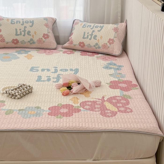 91家纺网 家纺一手货源 找家纺 昔可 2022新款ins风小清新床笠款乳胶凉席三件套 床笠款-蝴蝶画框