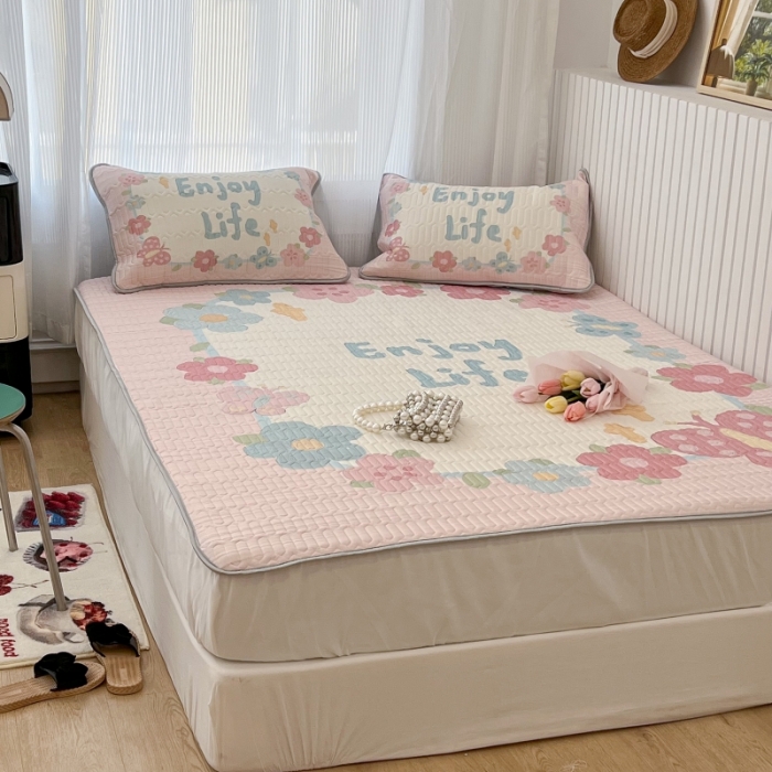 91家纺网 家纺一手货源 找家纺 昔可 2022新款ins风小清新床笠款乳胶凉席三件套 床笠款-蝴蝶画框