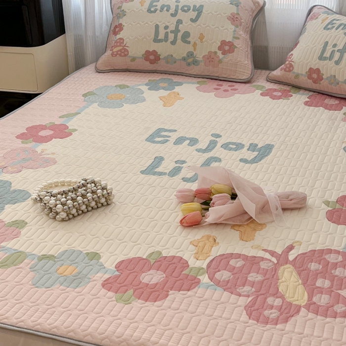 91家纺网 家纺一手货源 找家纺 昔可 2022新款ins风小清新床笠款乳胶凉席三件套 床笠款-蝴蝶画框