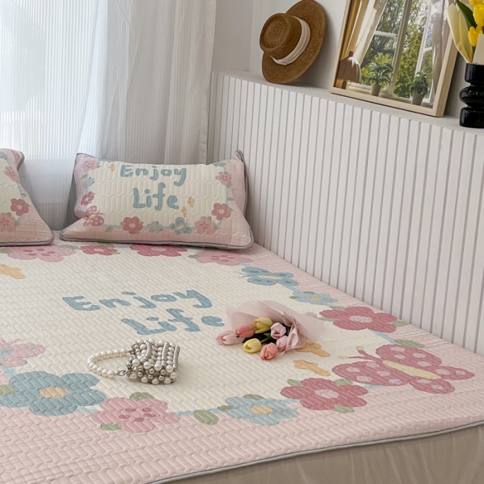 91家纺网 家纺一手货源 找家纺 昔可 2022新款ins风小清新床笠款乳胶凉席三件套 床笠款-蝴蝶画框