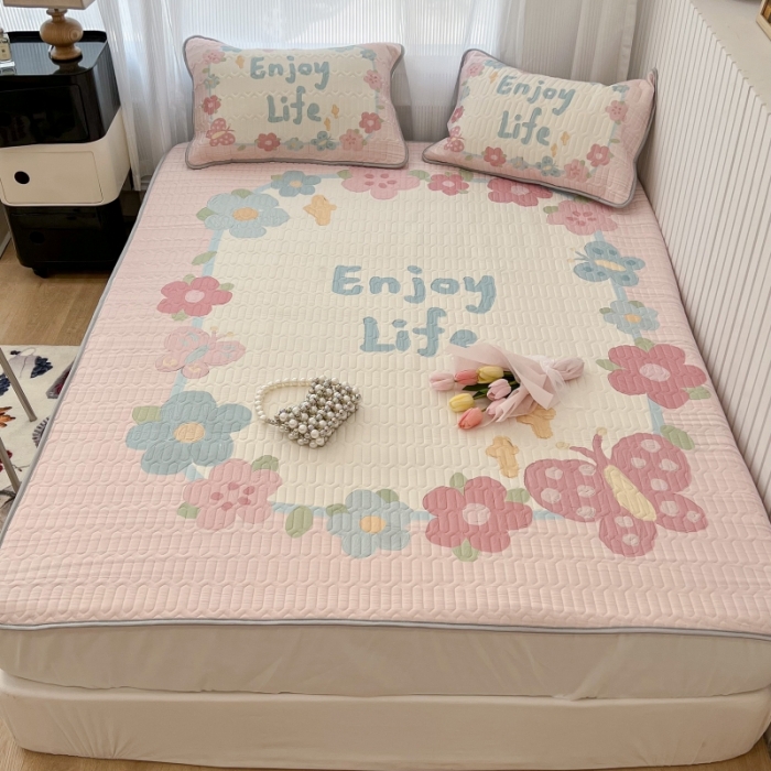 91家纺网 家纺一手货源 找家纺 昔可 2022新款ins风小清新床笠款乳胶凉席三件套 床笠款-蝴蝶画框