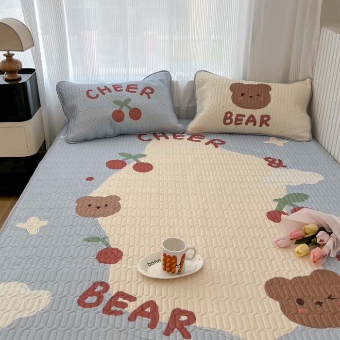 91家纺网 家纺一手货源 找家纺 昔可 2022新款ins风小清新床笠款乳胶凉席三件套 床笠款-画框樱桃熊