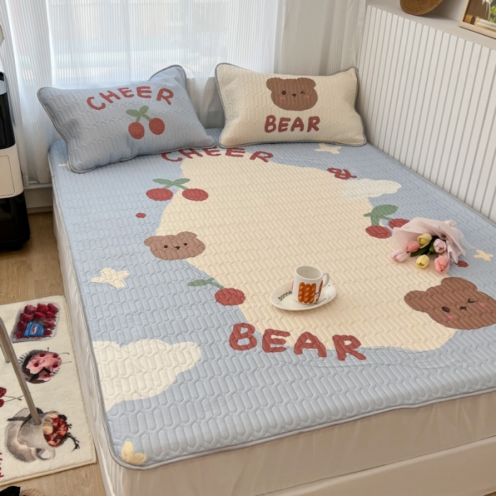 91家纺网 家纺一手货源 找家纺 昔可 2022新款ins风小清新床笠款乳胶凉席三件套 床笠款-画框樱桃熊