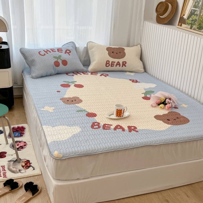 91家纺网 家纺一手货源 找家纺 昔可 2022新款ins风小清新床笠款乳胶凉席三件套 床笠款-画框樱桃熊