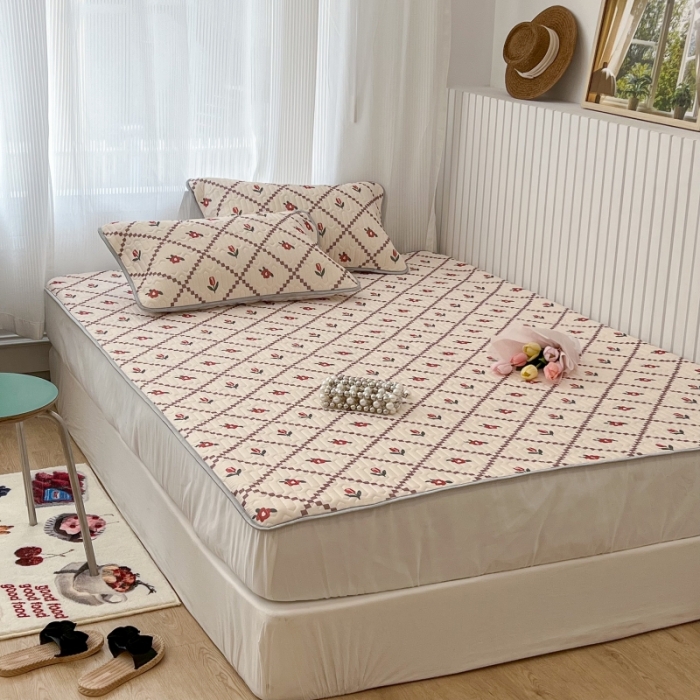 91家纺网 家纺一手货源 找家纺 昔可 2022新款ins风小清新床笠款乳胶凉席三件套 床笠款-菱形小花-红