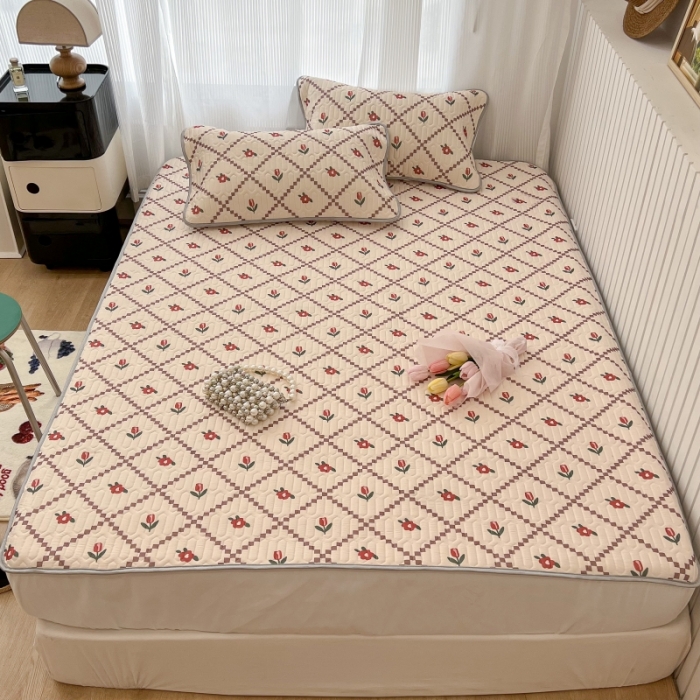 91家纺网 家纺一手货源 找家纺 昔可 2022新款ins风小清新床笠款乳胶凉席三件套 床笠款-菱形小花-红