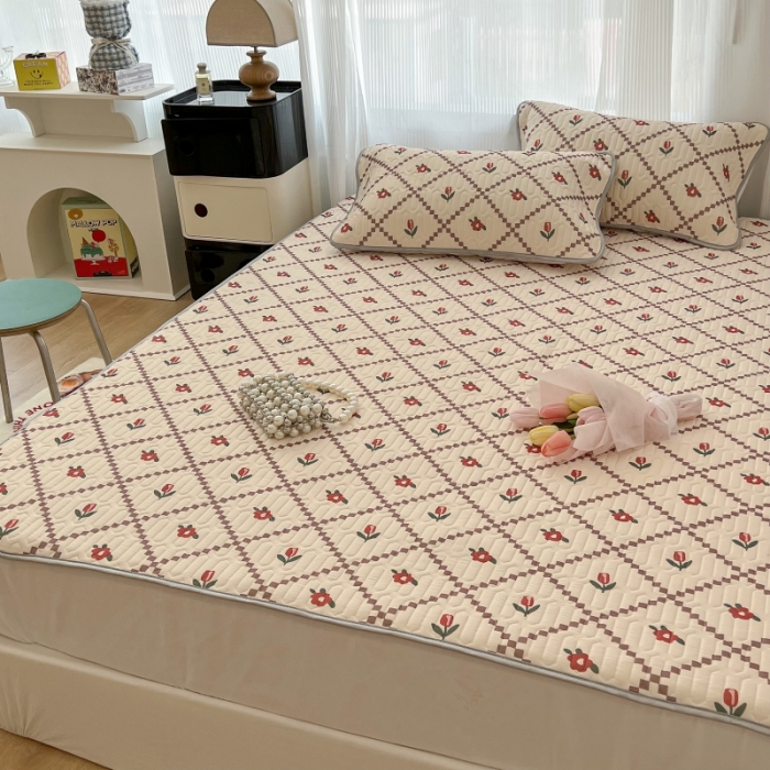91家纺网 家纺一手货源 找家纺 昔可 2022新款ins风小清新床笠款乳胶凉席三件套 床笠款-菱形小花-红