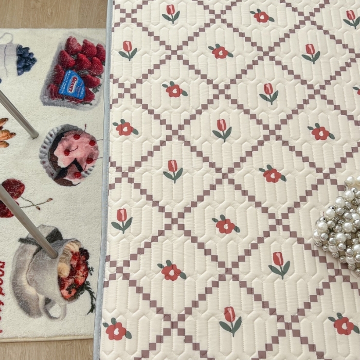 91家纺网 家纺一手货源 找家纺 昔可 2022新款ins风小清新床笠款乳胶凉席三件套 床笠款-菱形小花-红