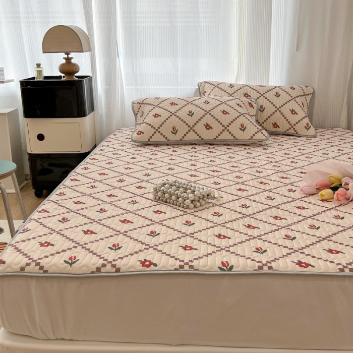 91家纺网 家纺一手货源 找家纺 昔可 2022新款ins风小清新床笠款乳胶凉席三件套 床笠款-菱形小花-红
