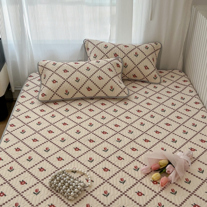 91家纺网 家纺一手货源 找家纺 昔可 2022新款ins风小清新床笠款乳胶凉席三件套 床笠款-菱形小花-红